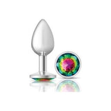Cheeky Charms Silver Round Butt Plug w Rainbow Jewel Small - Adult Toys