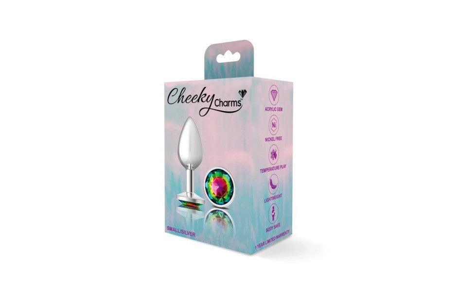 Cheeky Charms Silver Round Butt Plug w Rainbow Jewel Small - Naughty by Nature Adult Store