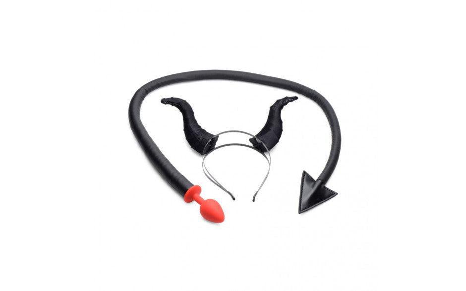 Devil Tail Anal Plug and Horn Set Black - Adult Toys