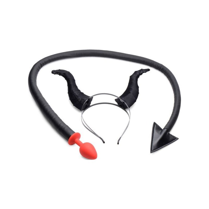 Devil Tail Anal Plug and Horn Set Black - Adult Toys