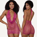 DreamGirl Rhinestone Cowl Neck Mini Dress Pink - Lingerie