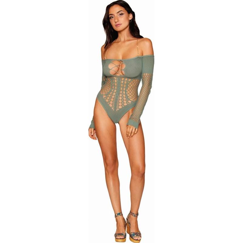 Dreamgirl Seamless Long Sleeve Teddy with Removeable Gold Halter Chain Sage - Lingerie