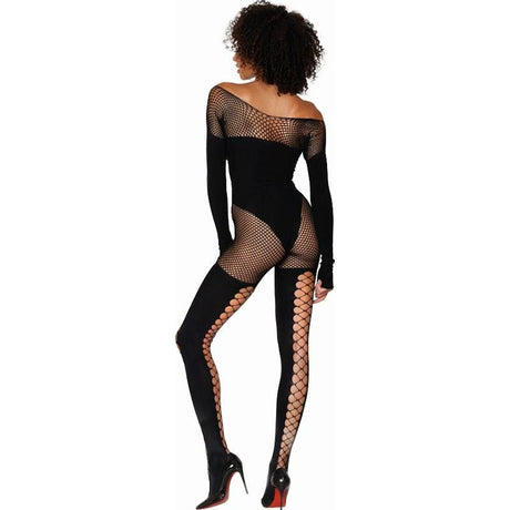 Dreamgirl Seamless Opaque and Fishnet Bodystocking Black - Lingerie