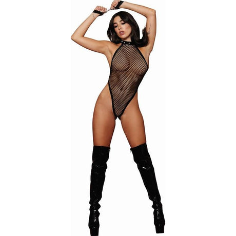 Dreamgirl Studded Neckline Fishnet Teddy w Restraints Black - Lingerie