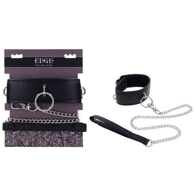 EDGE Collar & Leash - Black Neck Restraint with Heavy Duty Metal Leash - BONDAGE - TOYS