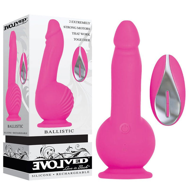 Evolved Ballistic - Pink 19 cm USB Rechargeable Vibrating Dong with Balls Motor & Remote - DONGS