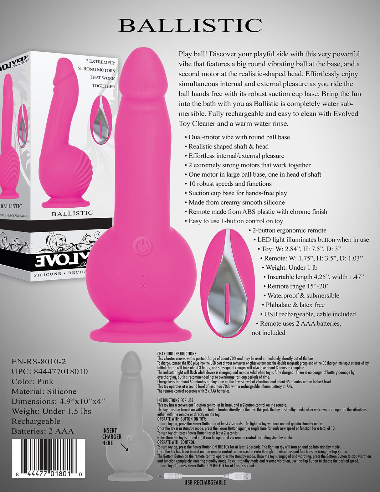 Evolved Ballistic - Pink 19 cm USB Rechargeable Vibrating Dong with Balls Motor & Remote - DONGS