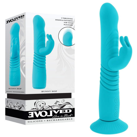 Evolved BUNNY HOP - Teal 25.1 cm USB Rechargeable Thrusting Rabbit Vibrator with Suction Base - Naughty by Nature Adult Store