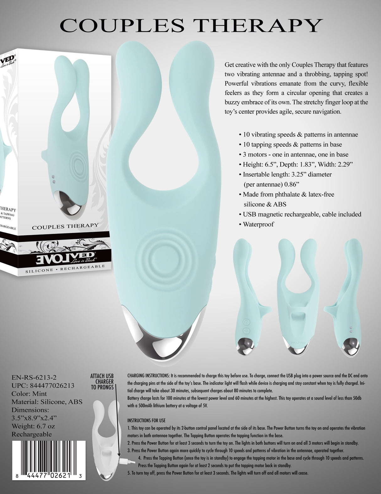 Evolved COUPLES THERAPY - Teal USB Rechargeable Couples Stimulator - STIMULATORS