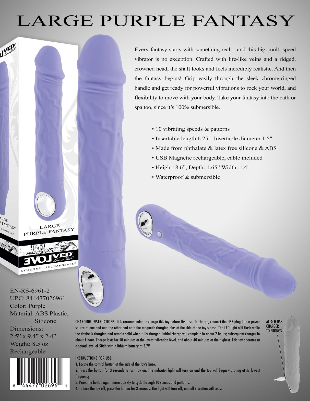 Evolved Large Purple Fantasy USB Rechargeable Vibrator - VIBRATORS