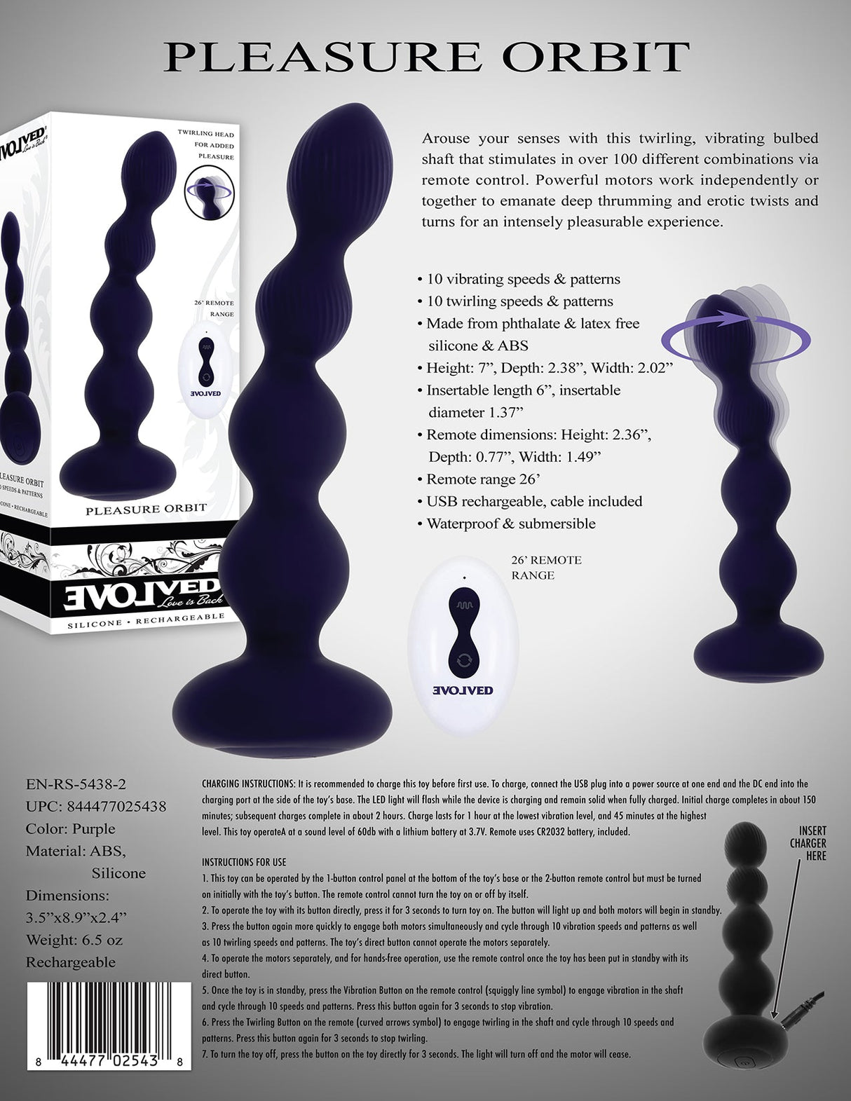 Evolved PLEASURE ORBIT - Navy Blue 17.8 cm USB Rechargeable Twirling & Vibrating Anal Beads with Remote - Anal Toys