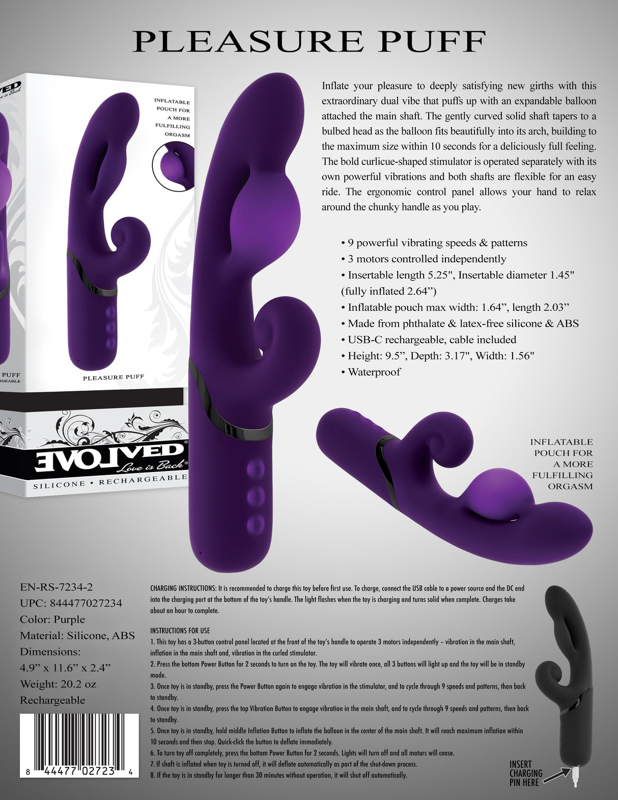 Evolved PLEASURE PUFF - Purple 24.1 cm Inflatable Rabbit Vibrator - VIBRATORS