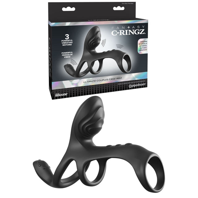 Fantasy C Ringz Ultimate Couples Cage Max Black USB Rechargeable Vibrating Cock Ring Cage - COCK RINGS