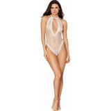 Fishnet Halter Teddy w Stretch Lace Edge Trims White - Lingerie