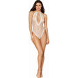 Fishnet Halter Teddy w Stretch Lace Edge Trims White - Lingerie