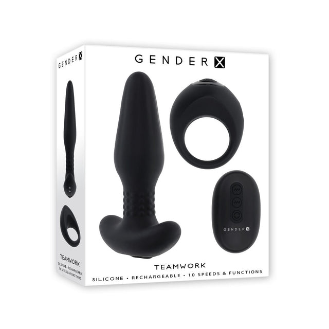 Gender X TEAMWORK - Black USB Rechargeable Rimming Butt Plug & Vibrating Cock Ring - KITS