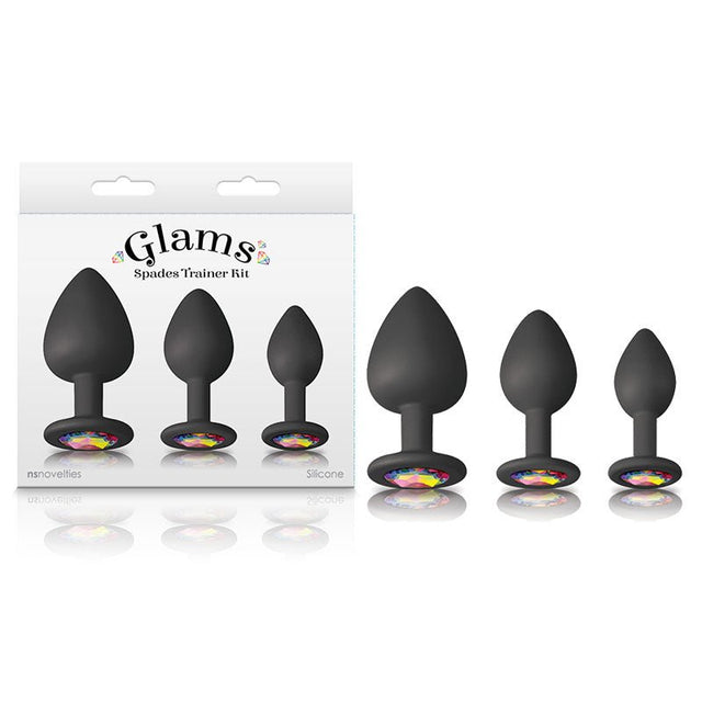 Glams Spades Trainer Kit - Black Butt Plugs with Gems - Set of 3 Sizes - Anal Toys
