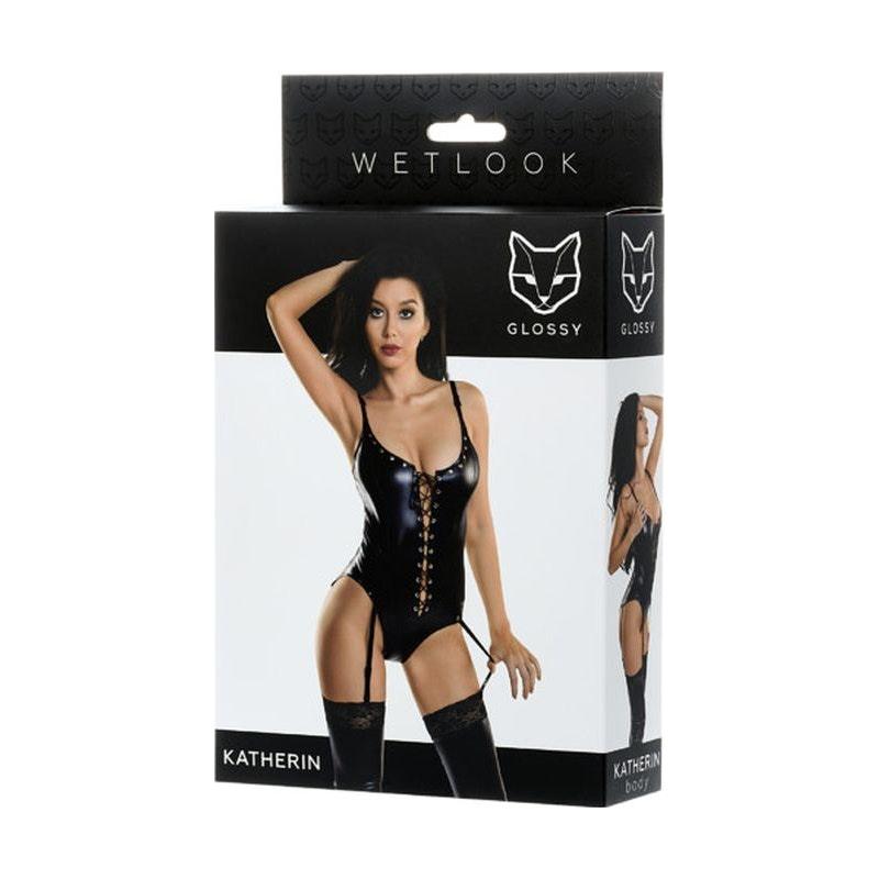 Glossy Wetlook Lace Up Bodysuit Katherin - Lingerie