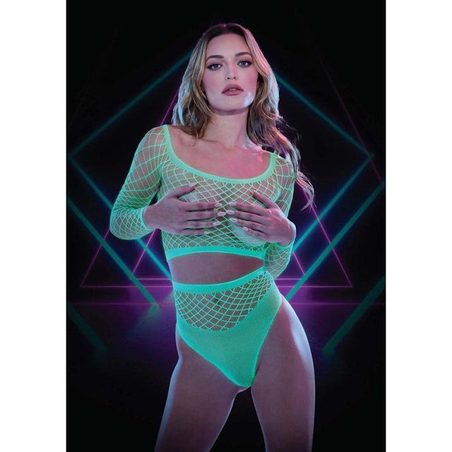 Glow In The Dark Long Sleeve Crop Top w Panty Set - Lingerie