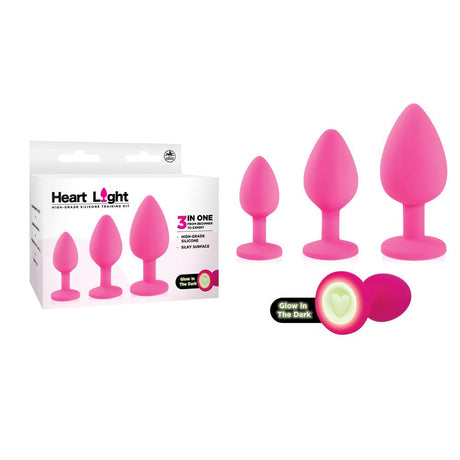 Heart Light - Pink - Pink Butt Plugs with Glow in Dark Bases - Set of 3 Sizes - Anal Toys