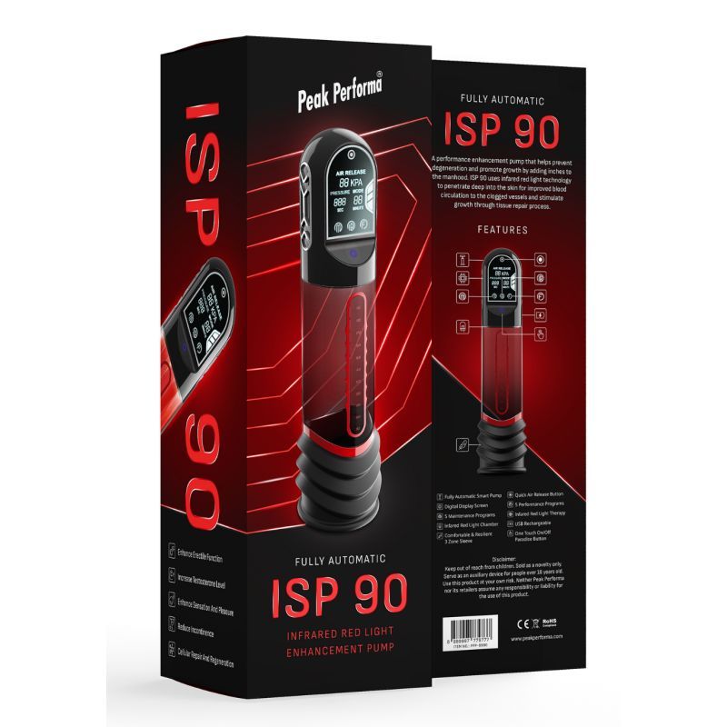 ISP90 Curve Infrared Automatic LCD Penis Pump Red - Adult Toys