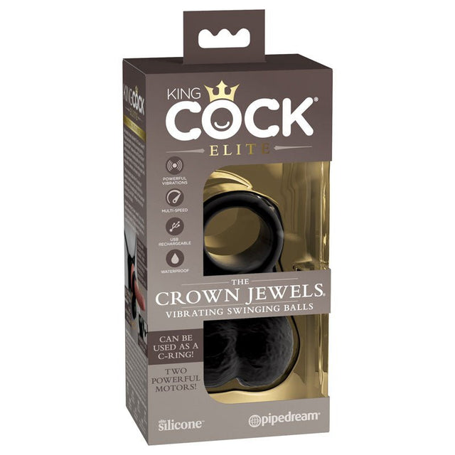 King Cock Elite The Crown Jewels Vibrating Silicone Balls - Black USB Rechargeable Vibrating Cock Ring - COCK RINGS
