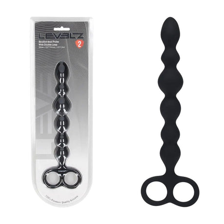 Levelz Beaded Silicone Anal Probe With Double Loop Black 24.5cm - ANAL TOYS