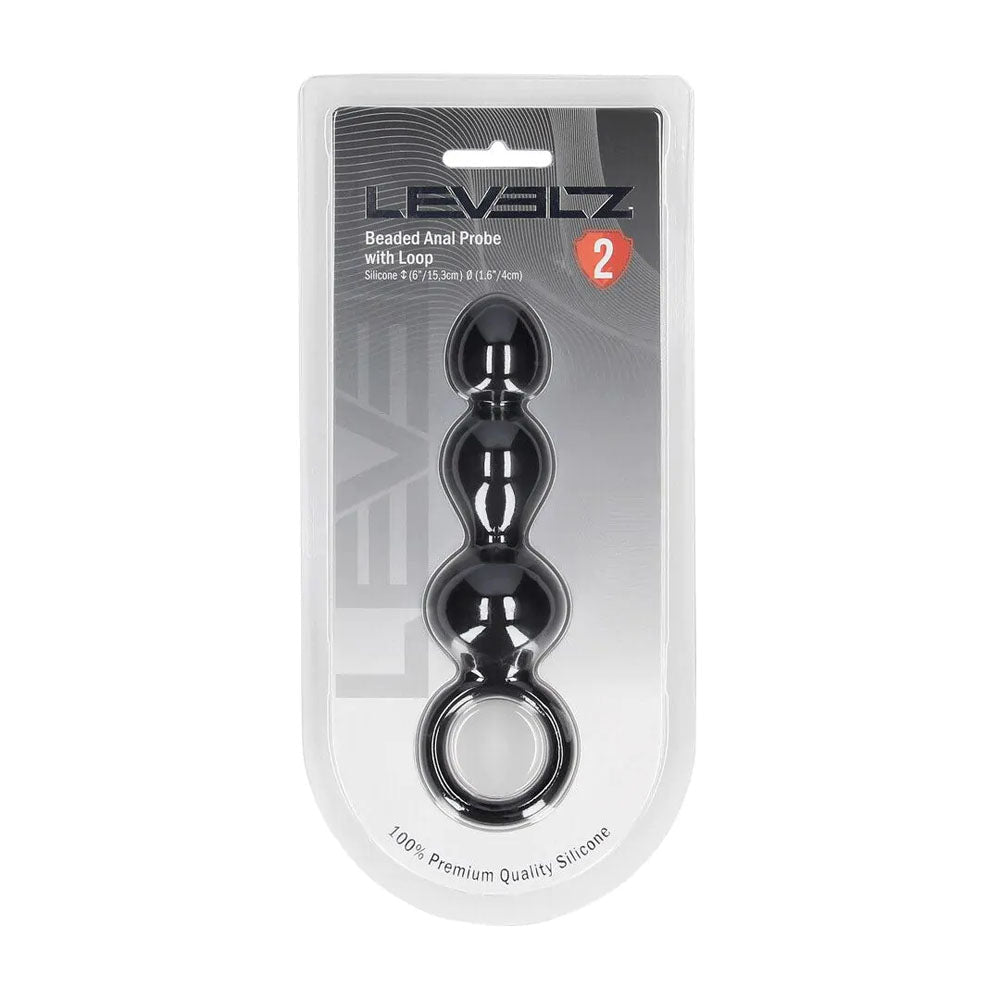LEVELZ Beaded Silicone Anal Probe With Loop Black 15.3cm - ANAL TOYS
