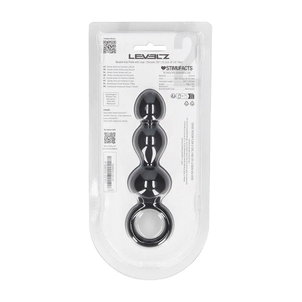 LEVELZ Beaded Silicone Anal Probe With Loop Black 15.3cm - ANAL TOYS