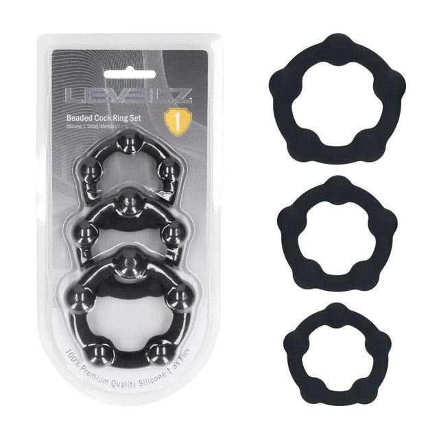 LEVELZ Beaded Silicone Cock Ring Set Of 3 In Black - COCK RINGS