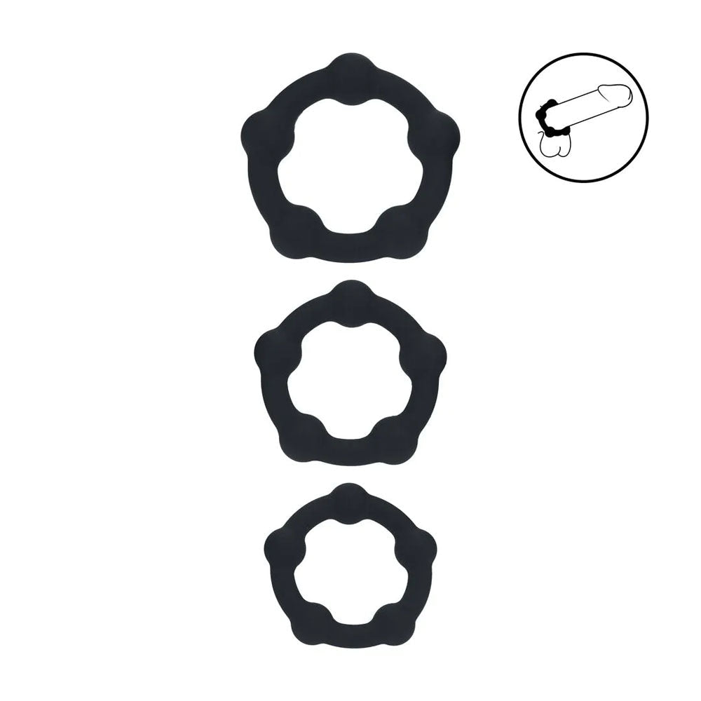 LEVELZ Beaded Silicone Cock Ring Set Of 3 In Black - COCK RINGS