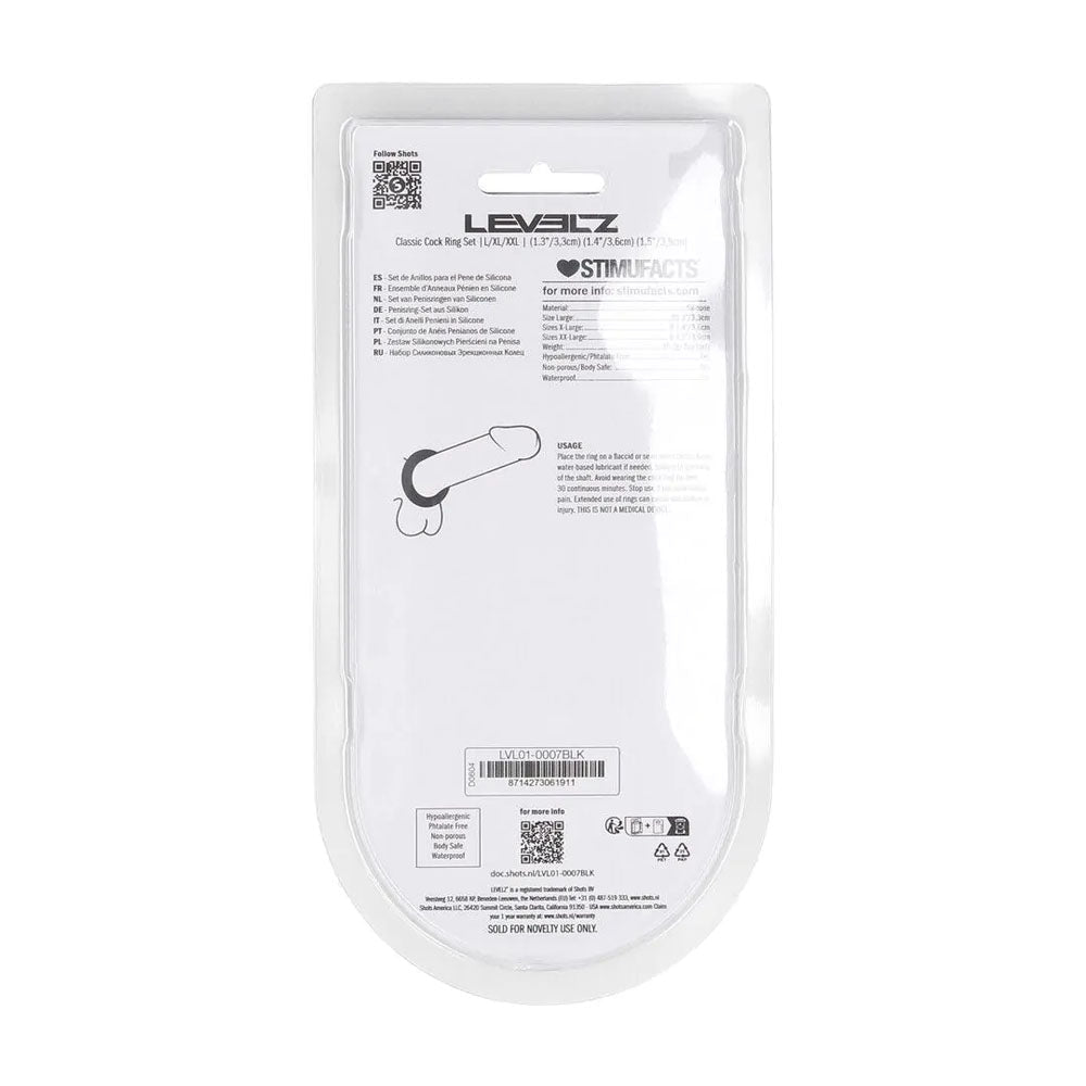 Levelz Classic Silicone Cock Ring Set L XL XXL Black - COCK RINGS