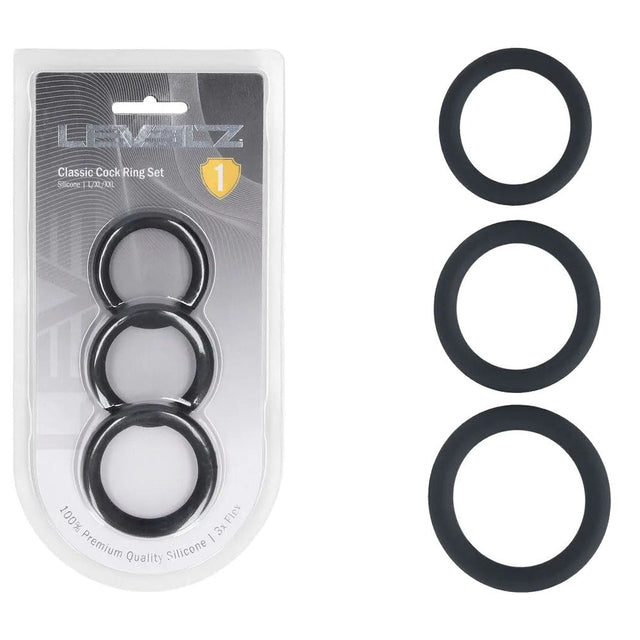 Levelz Classic Silicone Cock Ring Set L XL XXL Black - COCK RINGS