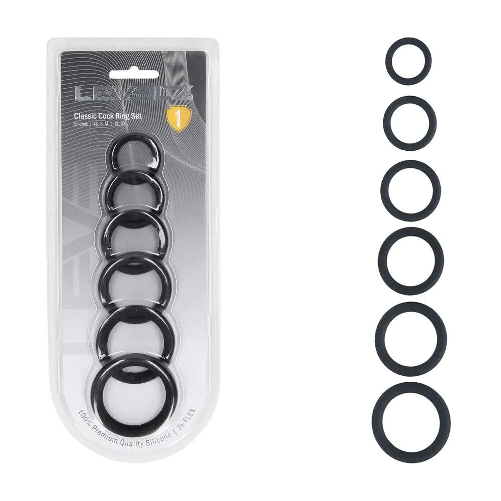 Levelz Classic Silicone Cock Ring Set Of 6 Sizes Black - COCK RINGS