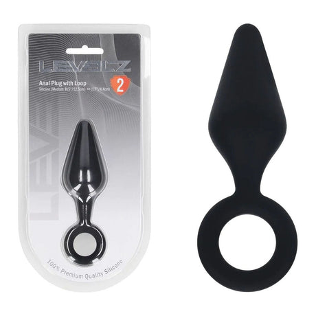 Levelz Silicone Anal Plug With Loop Medium Black Butt Plug - ANAL TOYS
