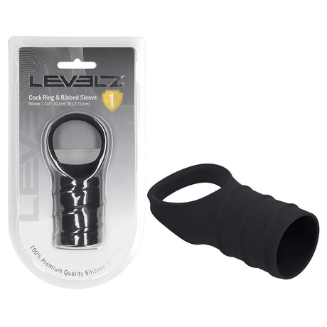 Levelz Silicone Cock Ring With Ribbed Sleeve Black - COCK RINGS