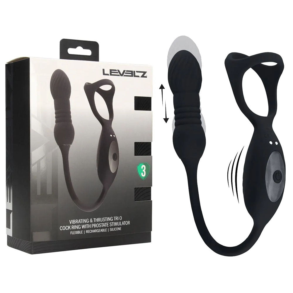 Levelz TriO Vibrating Thrusting Cock Ring With Prostate Stimulator Black - COCK RINGS