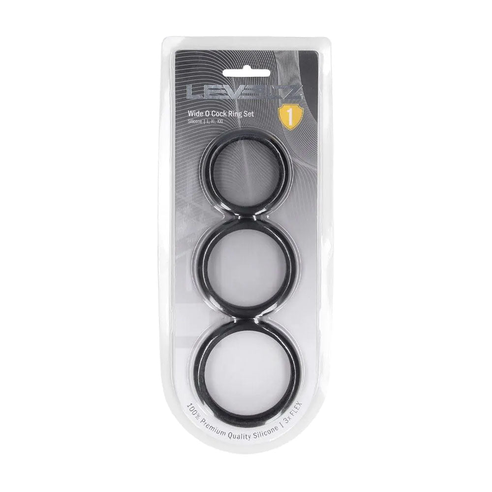 LEVELZ Wide O Silicone Cock Ring Set Of 3 Sizes L XL 2X Black - COCK RINGS