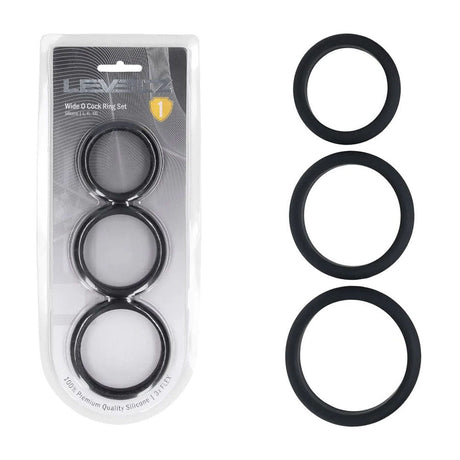 LEVELZ Wide O Silicone Cock Ring Set Of 3 Sizes L XL 2X Black - COCK RINGS