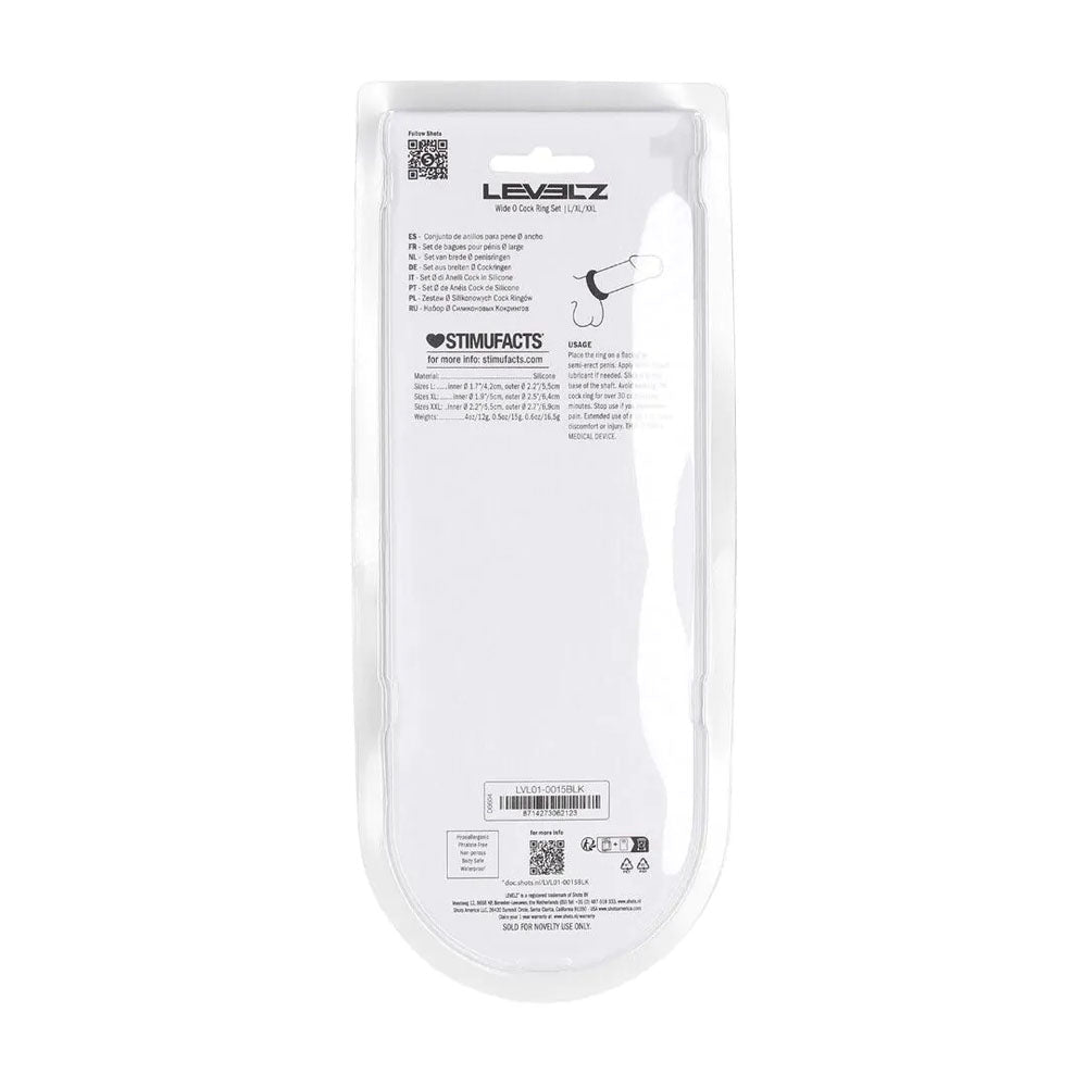 LEVELZ Wide O Silicone Cock Ring Set Of 3 Sizes L XL 2X Black - COCK RINGS