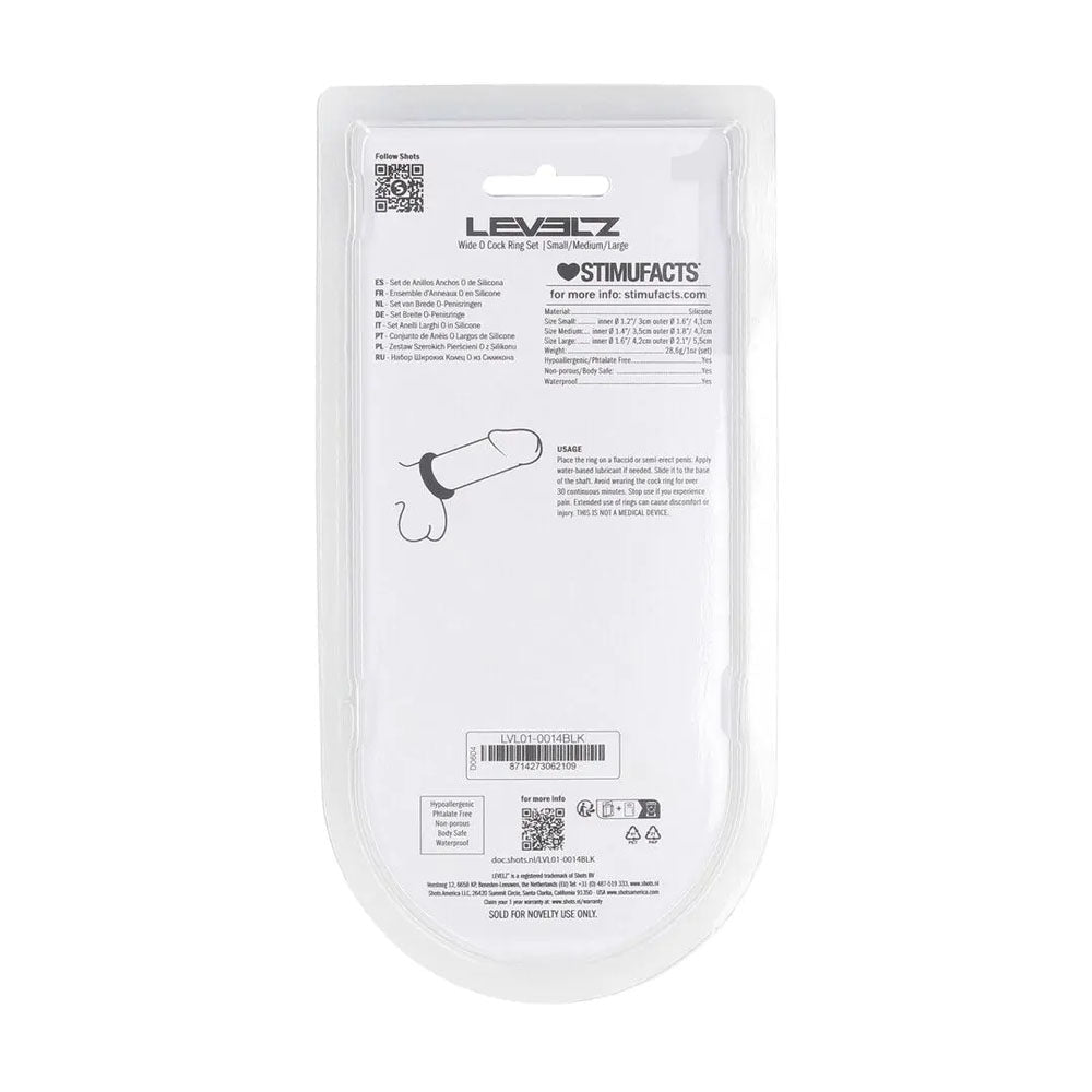 LEVELZ Wide O Silicone Cock Ring Set Of Three S,M,L Black - COCK RINGS