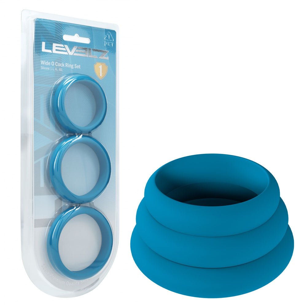 Levelz Wide O Silicone Cock Ring Set Of Three Teal Sizes L XL 2X - COCK RINGS