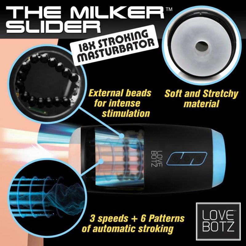 LoveBotz The Milker Slider 18X Stroking Masturbator - USB Rechargeable Stroking Masturbator - MASTURBATORS