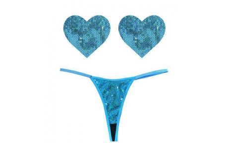 Mahi Mahi Blue Sequin G - String and Heart Pastie Set - Adult Toys