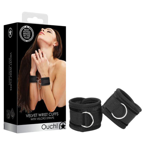 OUCH! Velvet & Velcro Adjustable Handcuffs - Black Restraints - Naughty by Nature Adult Store
