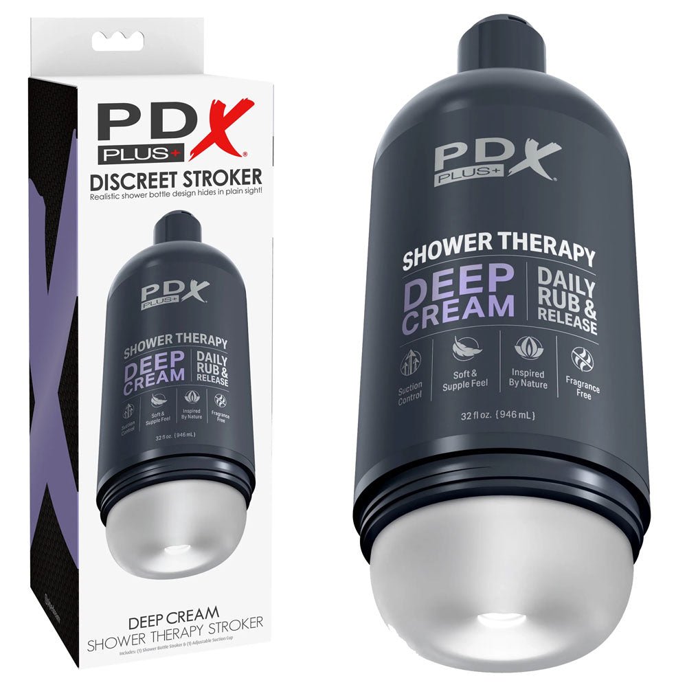 PDX Plus Shower Therapy - Deep Cream - Frosted - Clear Discreet Stroker with Suction Base - MASTURBATORS