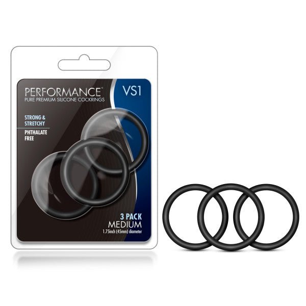 Performance VS1 Pure Premium Silicone Cockrings - Black Medium Cock Rings - Set of 3 - COCK RINGS