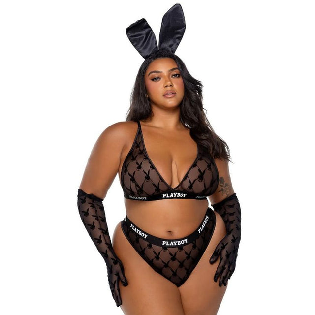 Playboy Flocked Bunny 2 Pc Lingerie Set Black - Lingerie