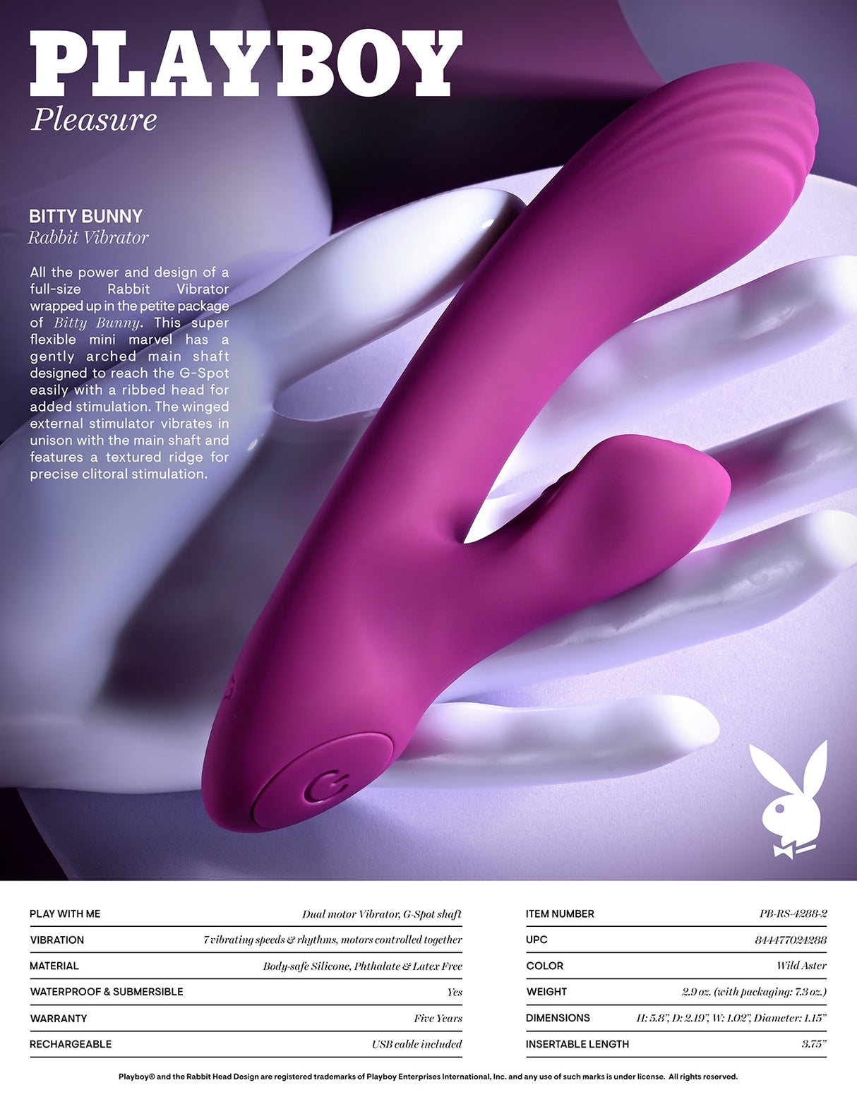 Playboy Pleasure BITTY BUNNY - Purple 14.7 cm USB Rechargeable Rabbit Vibrator - VIBRATORS
