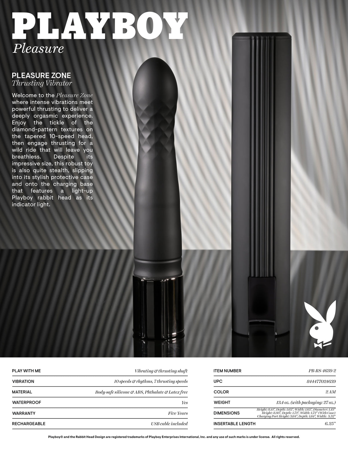 Playboy Pleasure PLEASURE ZONE - Black 21.4 cm Rechargeable Vibrator with USB Charging Dock - VIBRATORS